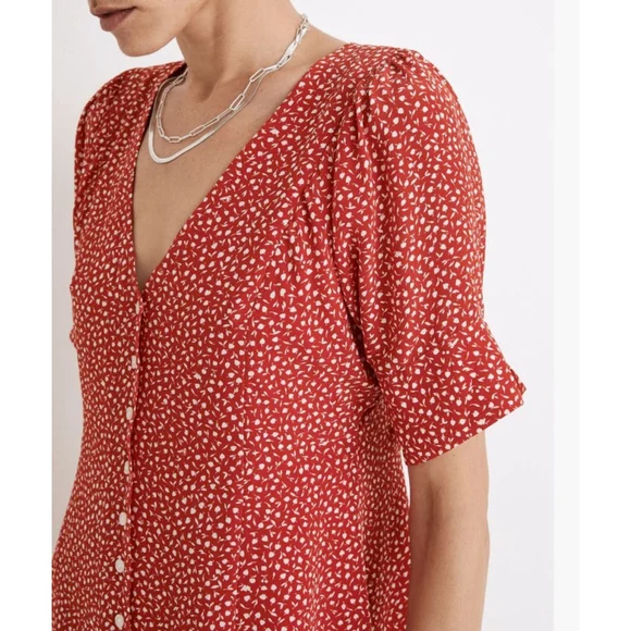 Women's Madewell Red & White Floral Silk Button-Front Mini Dress Size 4 (S) - Picture 6 of 13